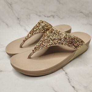 Fitflop Glittering Gold Beaded Sandals Toe Post Flats Women's 10